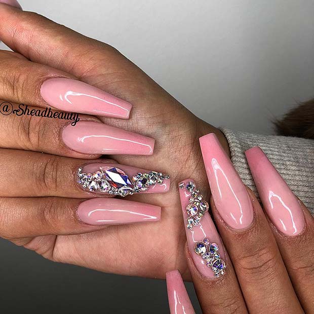 Glam Pink Coffin Nails with Rhinestones