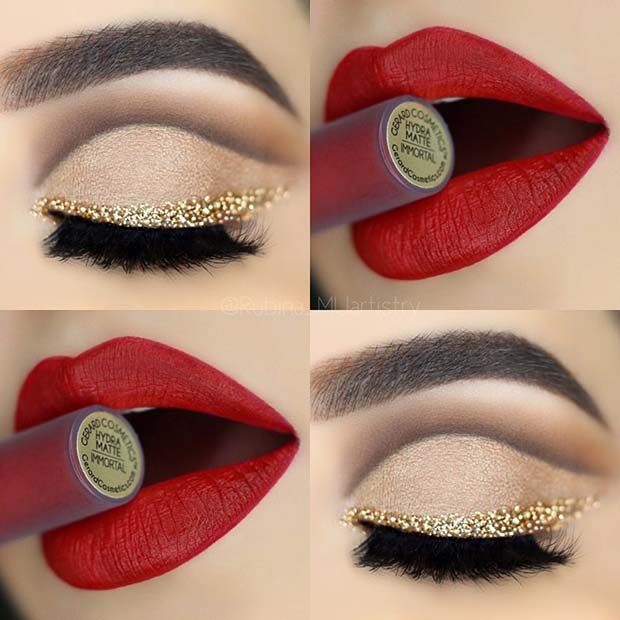Gold Glitter Liner and Red Lips