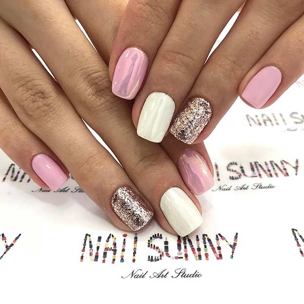 Metallic Pink and White Nail Design