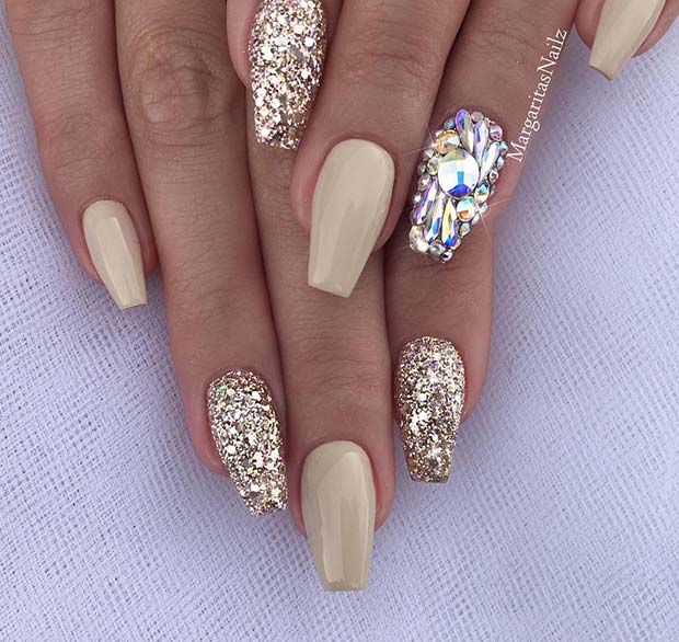 Nude Nails with Glitter and Rhinestones