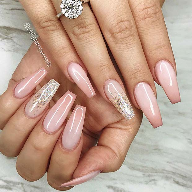 Long Nude Nails With Subtle Glitter