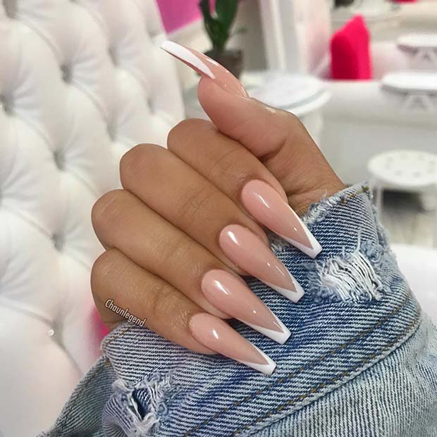 Long Nude Nails with White V Tips
