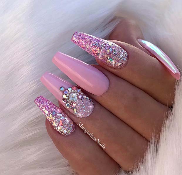 Pink, Glitter and Rhinestone Nail Design for Coffin Nails