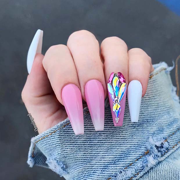 Long, Pink Coffin Nails with Crystals