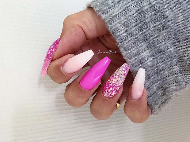 Pretty Pink and Glitter Coffin Nails