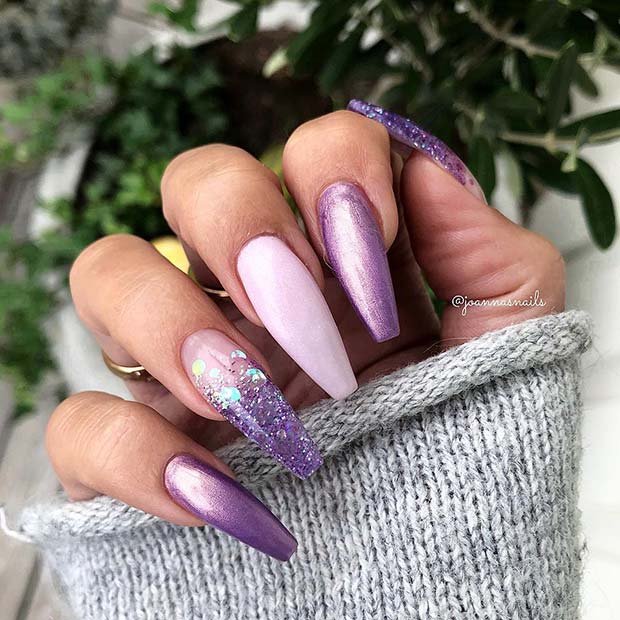 Long Purple Nails with Glitter