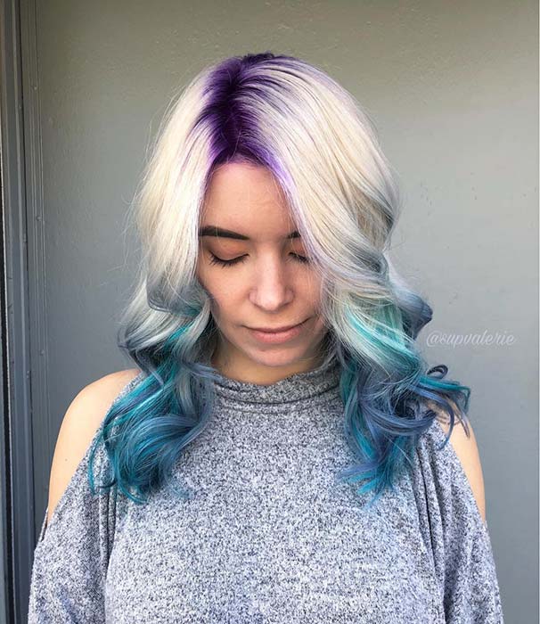 Blonde to Blue Ombre Hair with Purple Roots 