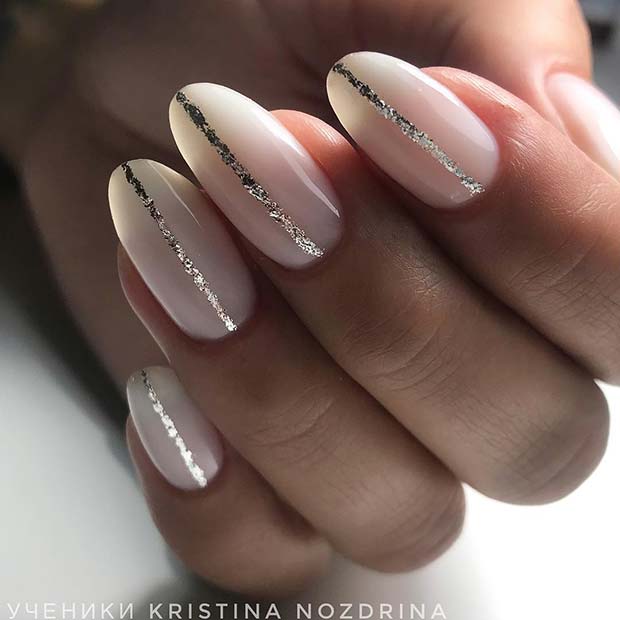 White Nails with Silver Glitter Stripes