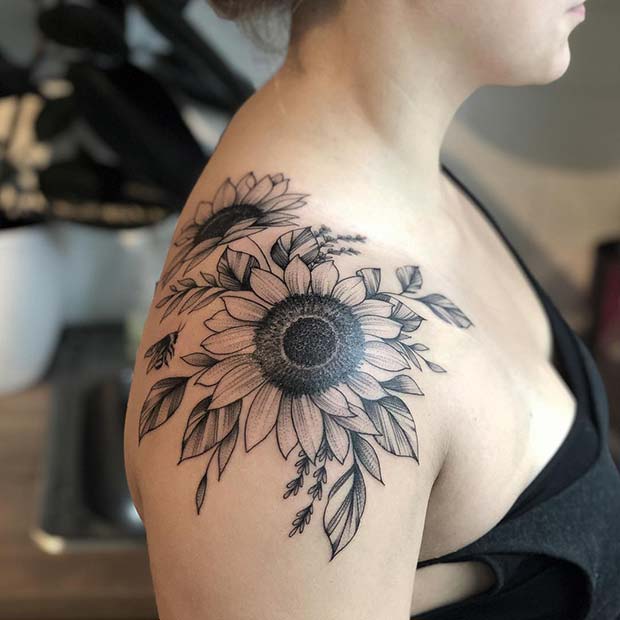 Black Ink Sunflower Shoulder Tattoo