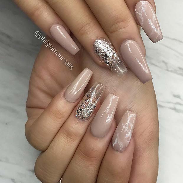 Stylish Marble and Glitter Coffin Nails