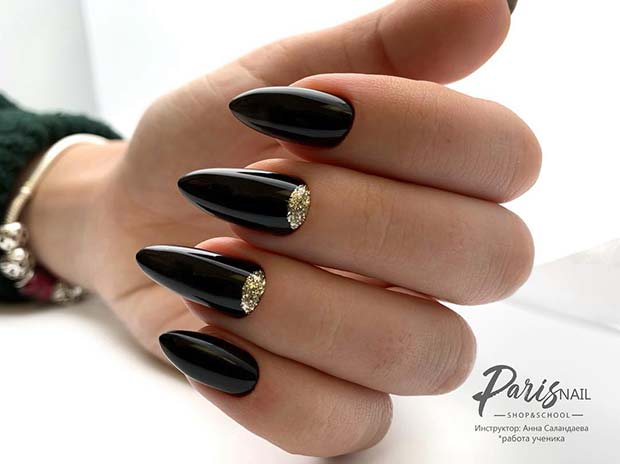 Black Nails with Chic Glitter Cuticle Design