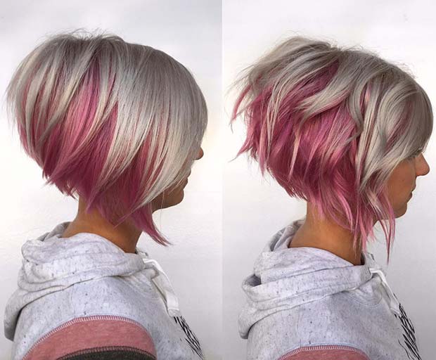Icy Blonde and Pink Stacked Bob