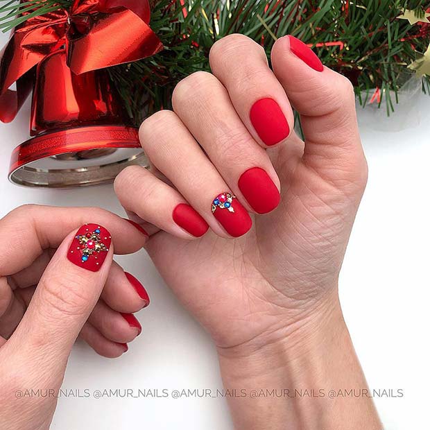 Bright Red Nails with Gems