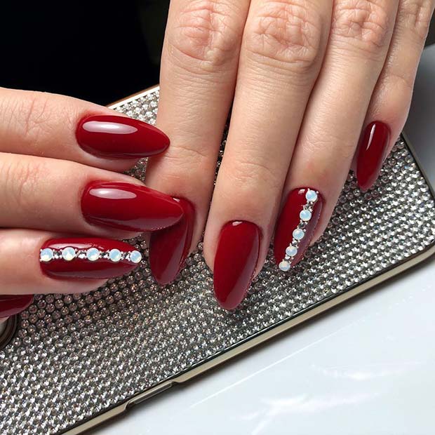 Dark Red Nails with Gems