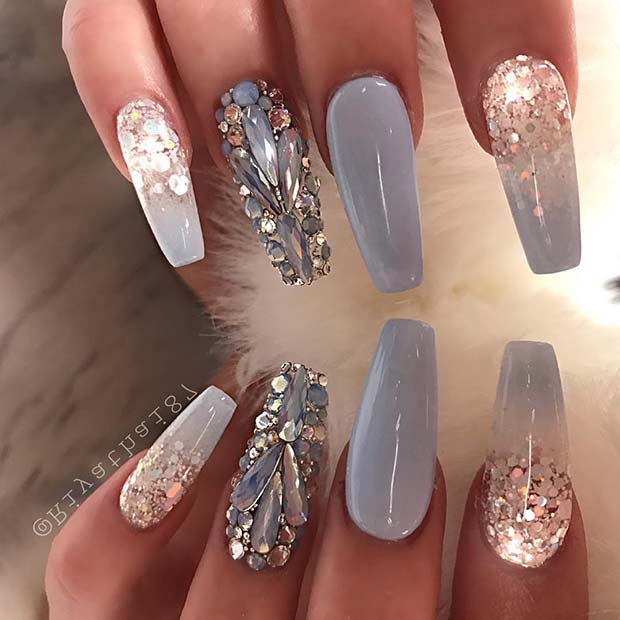 Elegant Crystal and Glitter Grey Coffin Nails