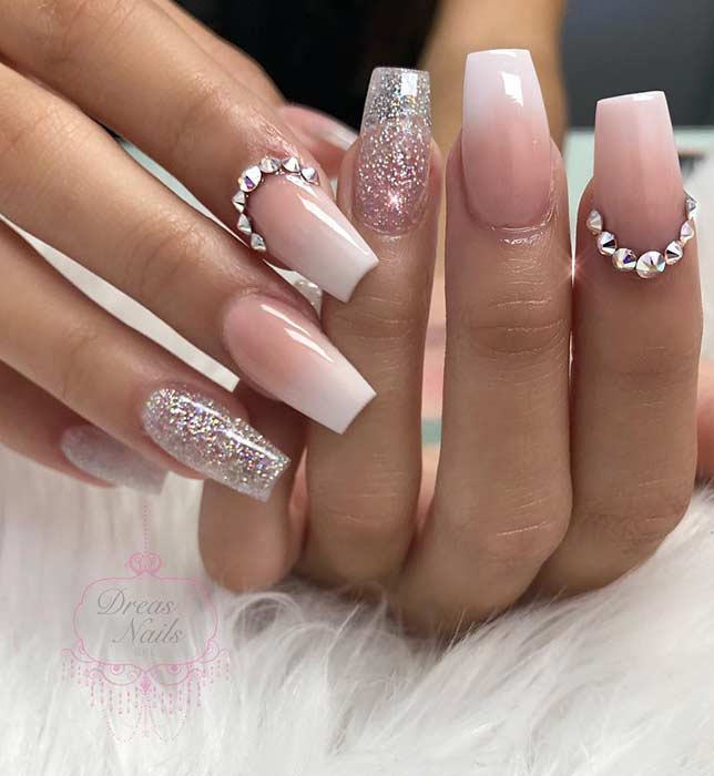 French Ombre Nails with Rhinestones and Glitter