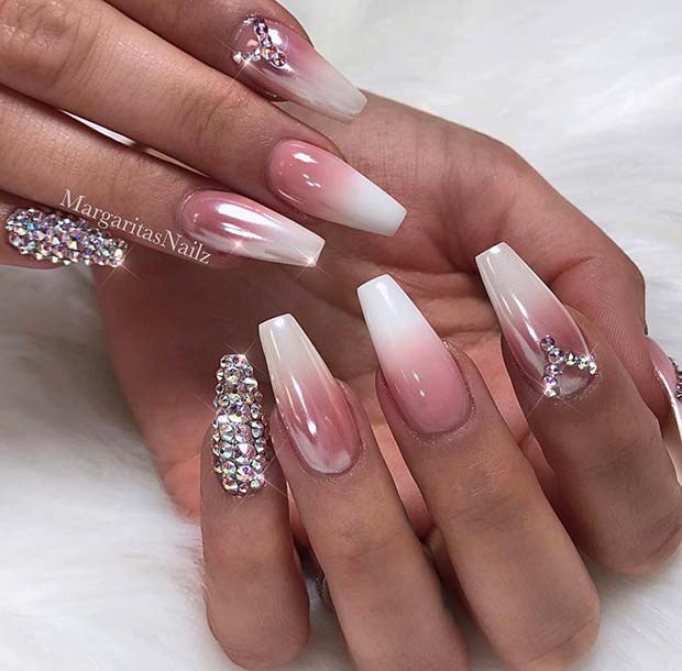 French Ombre Coffin Nails with Rhinestones