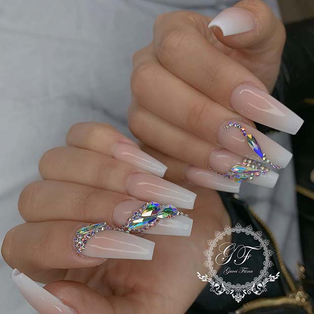 French Ombre Design with Crystals 
