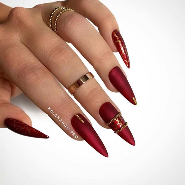 Glam Red and Gold Stiletto Nails