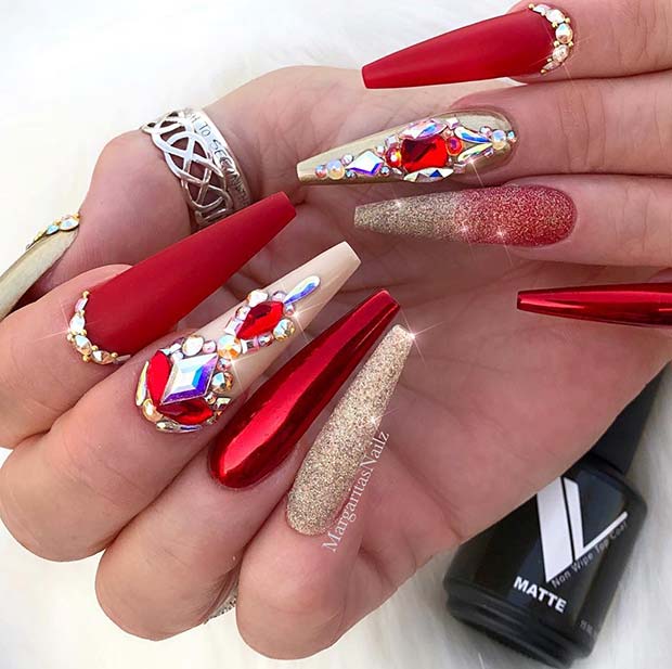 Glitzy Red Long Coffin Nails