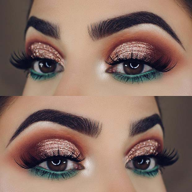 Rose Gold Glitter and Green Eye Makeup Idea