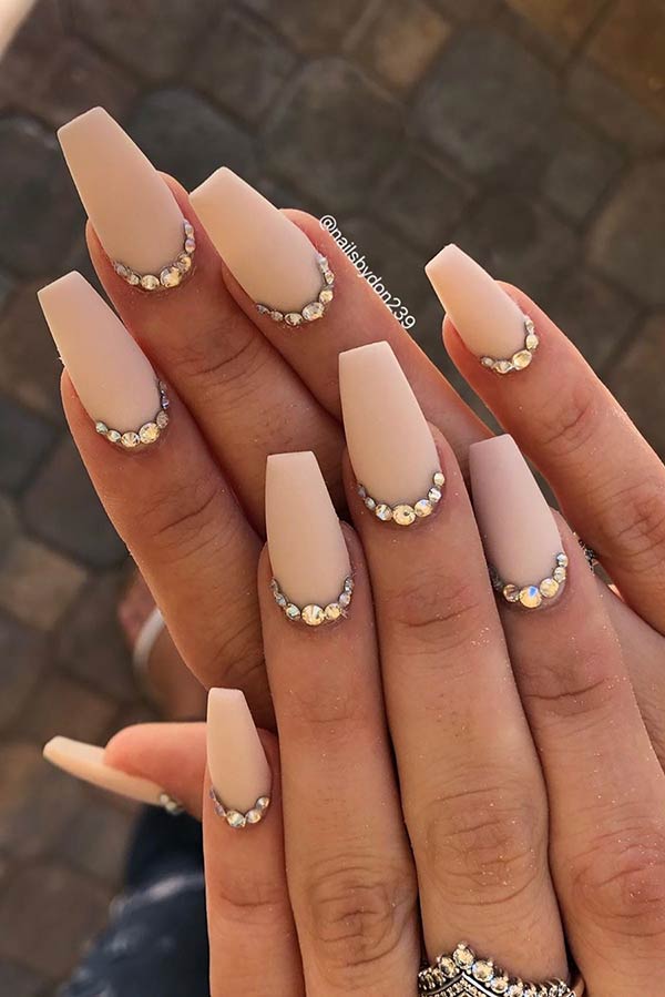 Light Nude Matte Nails with Rhinestones