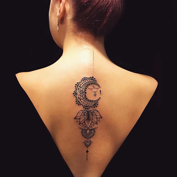 Lotus and Moon Back Tattoo