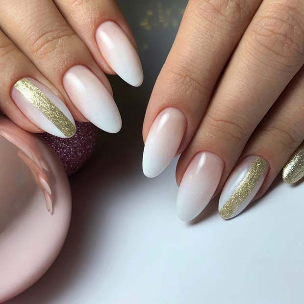 Elegant Ombre Nails with Gold Glitter Stripes