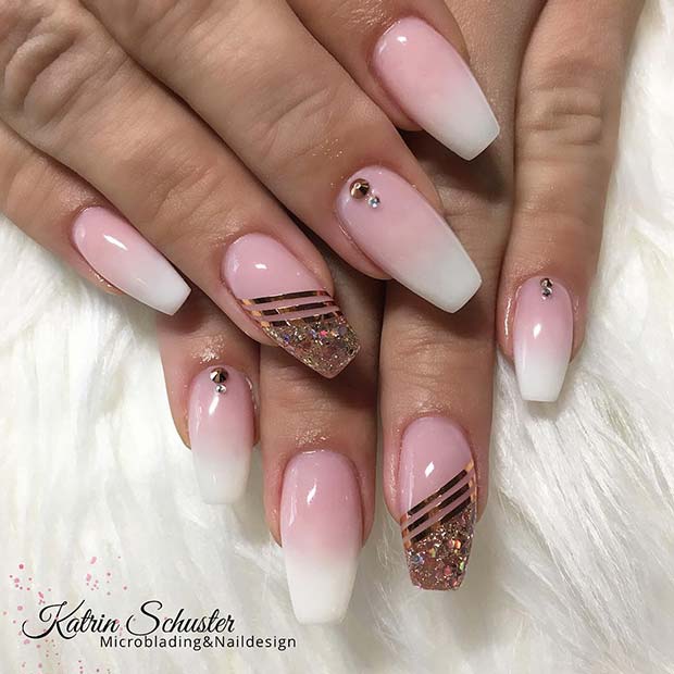 Ombre Nails with Gold Stripes and Glitter