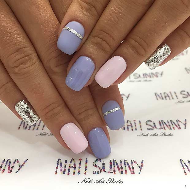 Pastel Nails with Silver Glitter