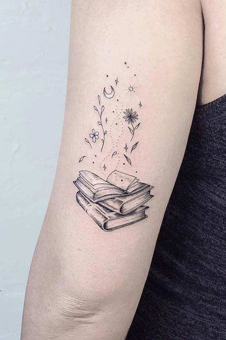 Pile of Books with Flowers Tattoo Design