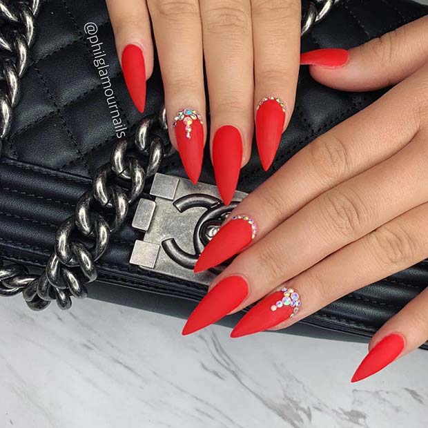 Red Stiletto Nails with Crystals