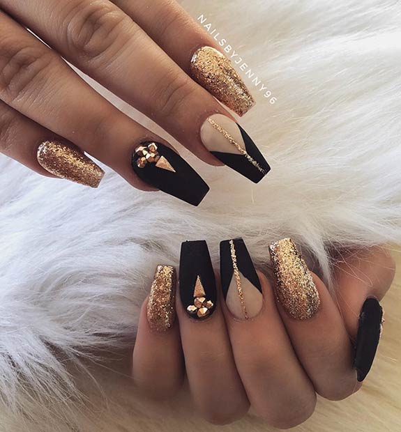 Statement Black and Gold Prom Nails