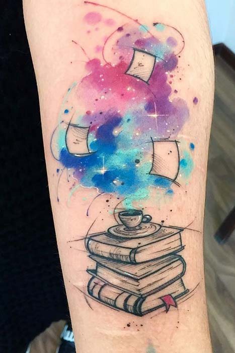 Watercolor Pile of Books Tattoo Idea