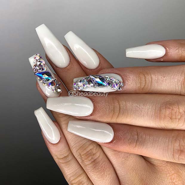 Long White Nails with Rhinestones