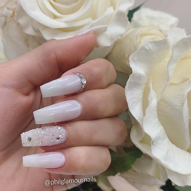White Nails with Crystals and Gems