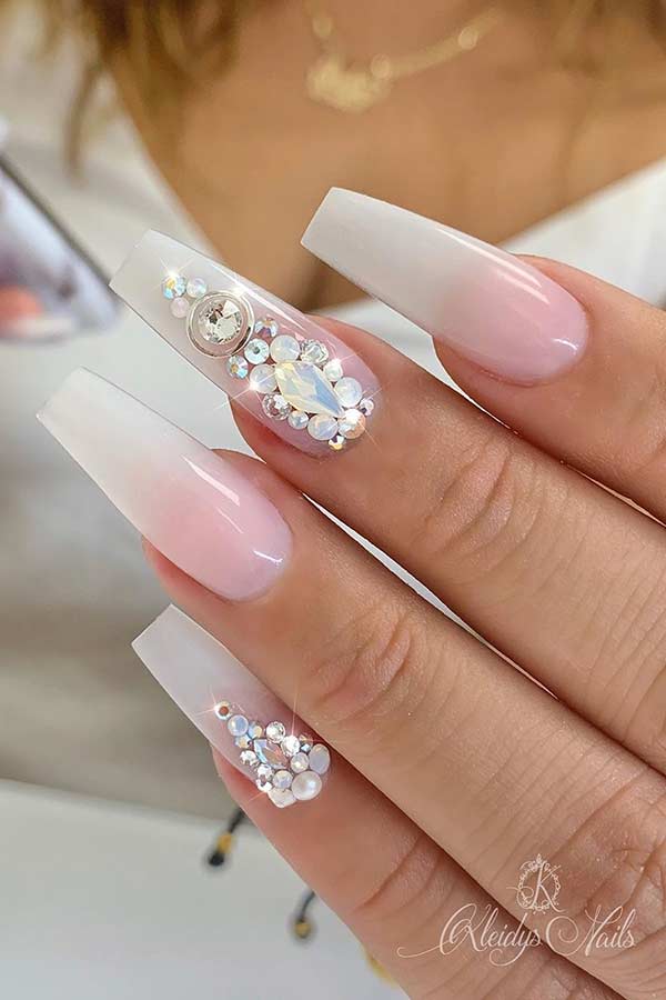White Ombre Nails with Rhinestones