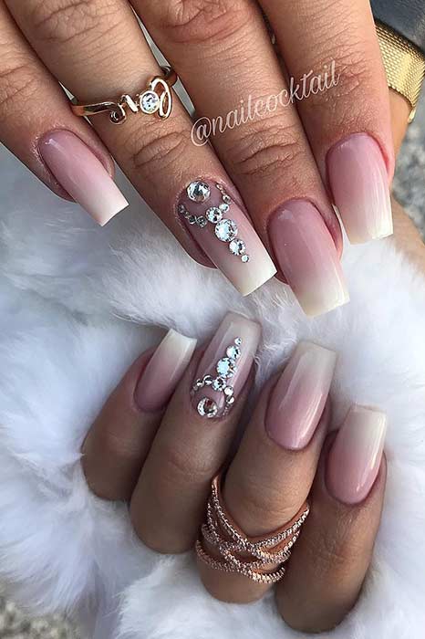 Beautiful French Ombre Nails with Crystals