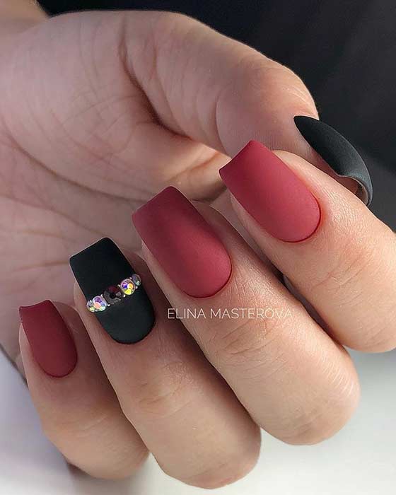 Black and Red Matte Nail Design