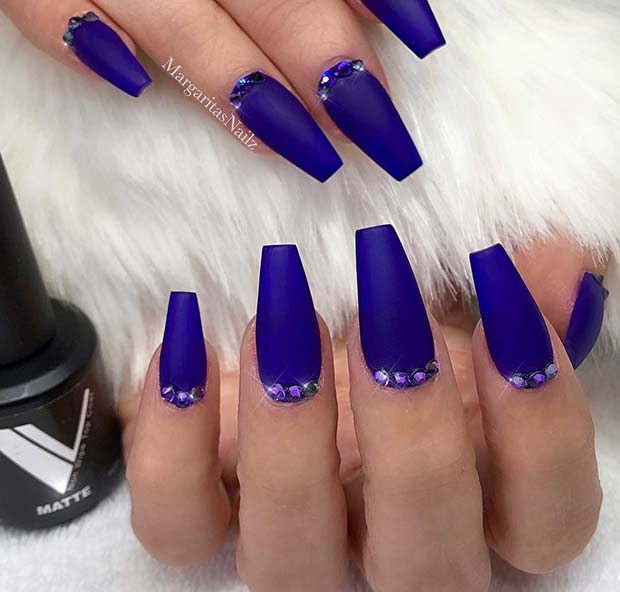 Matte Blue Coffin Nails with Gems