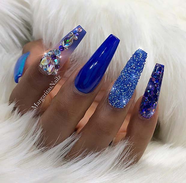 Bold Blue Nail Design for Coffin Nails