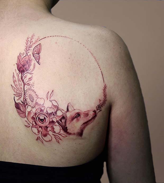 Botanical Red Ink Tattoo with Wolf