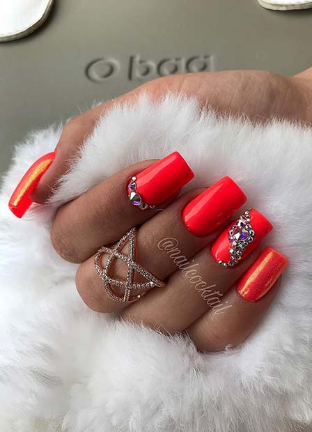 Bright Red Nails with Rhinestones