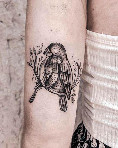 Cute Mama and Baby Parrot Tattoo