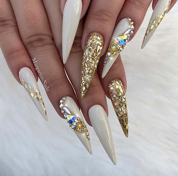 Dazzling Gold and White Stiletto Nails 