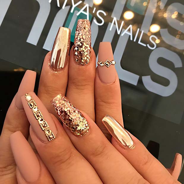 Matte and Gold Coffin Nails
