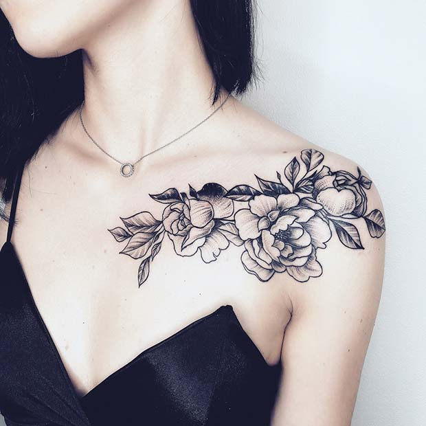 Flower Shoulder and Collar Bone Floral Tattoo