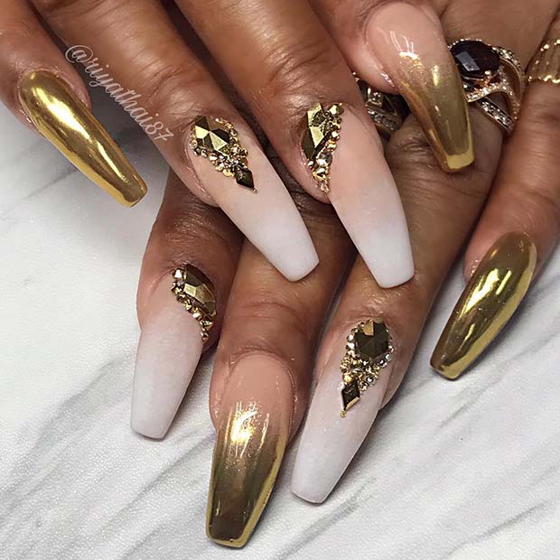 French Ombre and Gold Chrome Nails