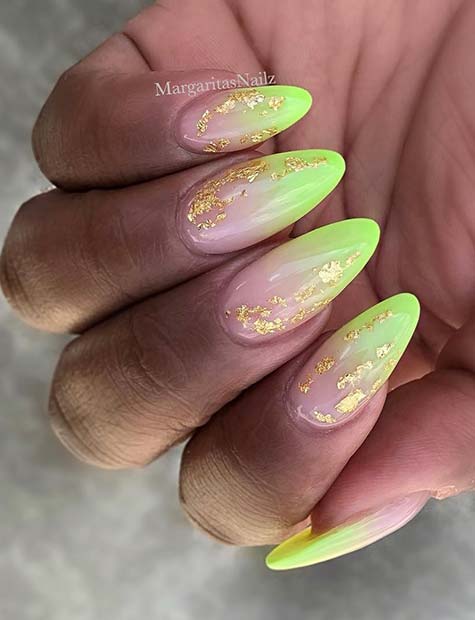 Neon Ombre and Gold Nails