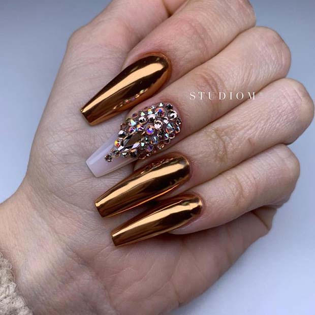 Gold Chrome Nails with Crystals